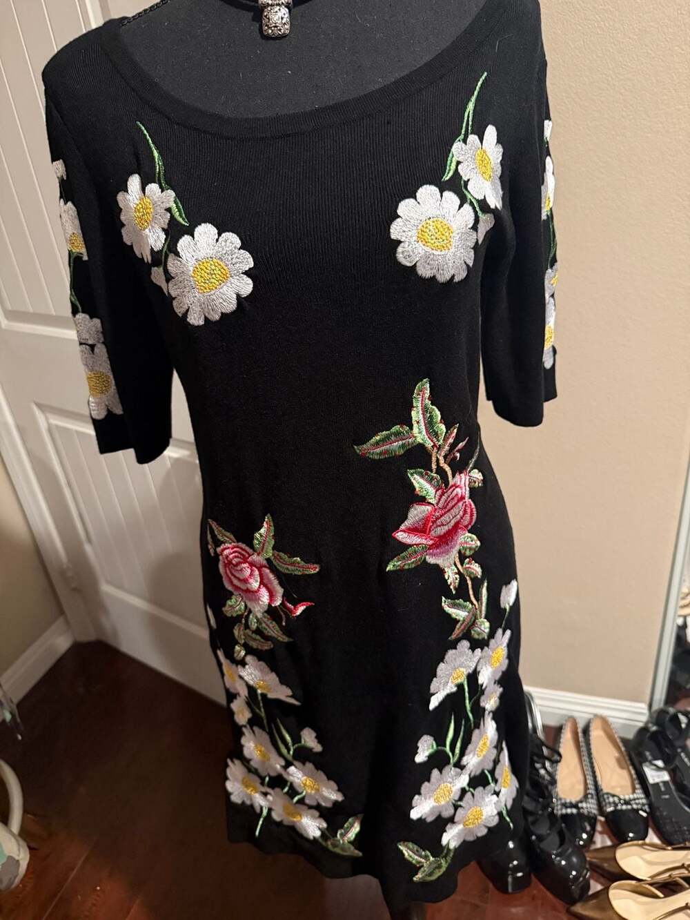 INC black flower floral ribbed stretch dress Sz.L - Picture 2 of 10